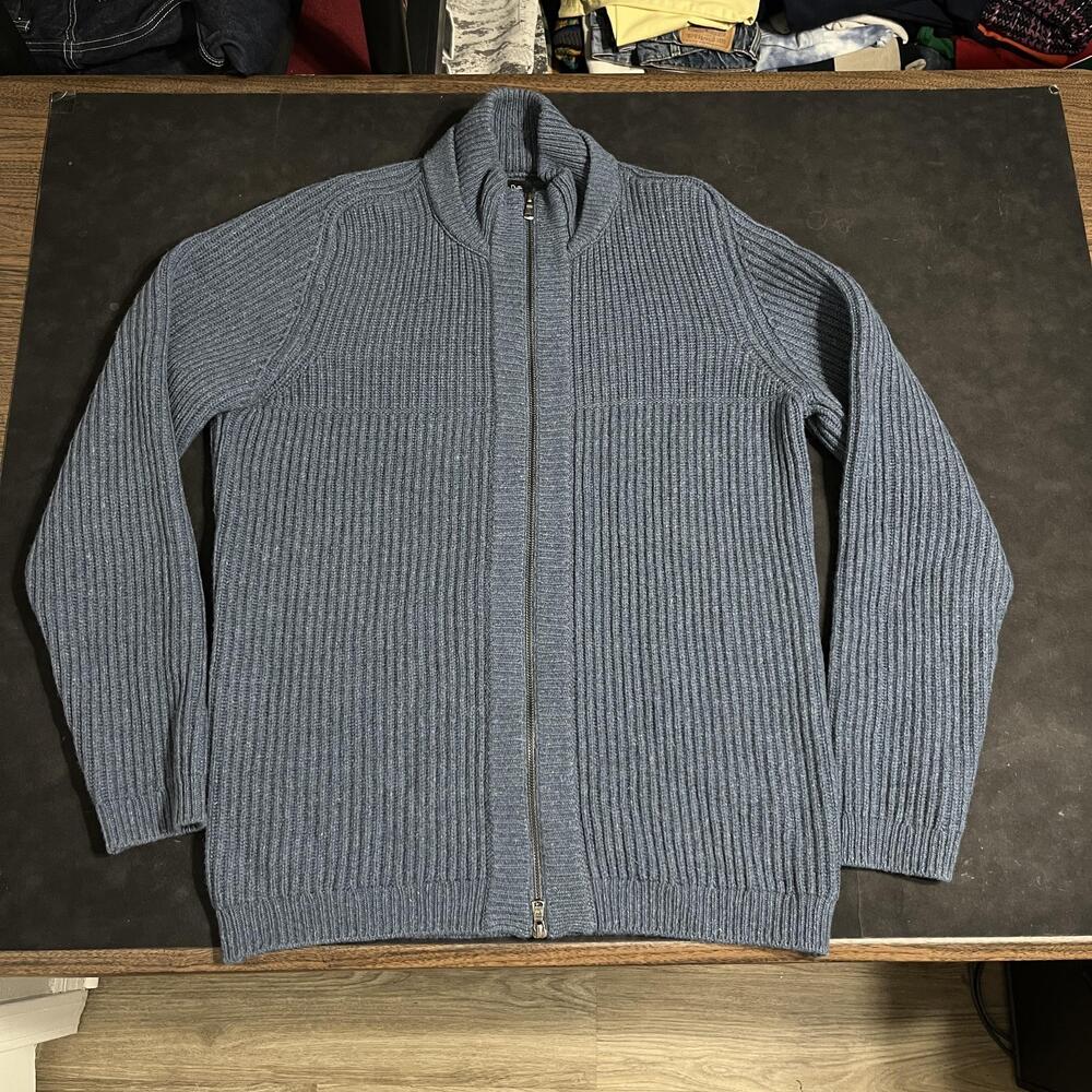 Massimo Dutti Wool Yak Sweater Mens XL Blue Full Zip Mock Neck Italy Chunky Knit